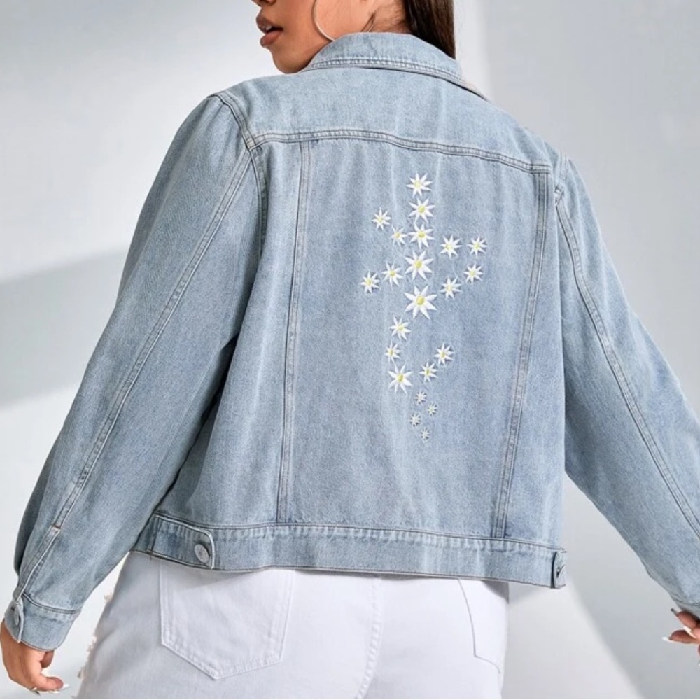 Light Blue Denim Jacket with Floral Embroidery